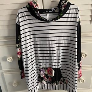 Chic Soul Floral and Stripe Hooded Top